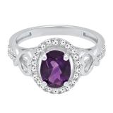 18K White Gold 8X6 MM Oval Amethyst & Round White Diamond Ladies Bridal Engagement Ring