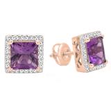 10K Rose Gold 7 MM Each Princess Amethyst & Round White Diamond Ladies Stud Earrings