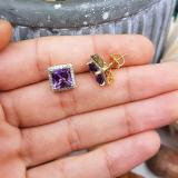 10K Yellow Gold 7 MM Each Princess Amethyst & Round White Diamond Ladies Stud Earrings