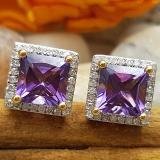 14K Yellow Gold 7 MM Each Princess Amethyst & Round White Diamond Ladies Stud Earrings