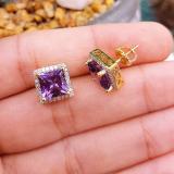 14K Yellow Gold 7 MM Each Princess Amethyst & Round White Diamond Ladies Stud Earrings