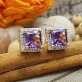 14K Yellow Gold 7 MM Each Princess Amethyst & Round White Diamond Ladies Stud Earrings