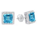 10K White Gold 6 MM Each Princess Blue Topaz & Round White Diamond Ladies Stud Earrings