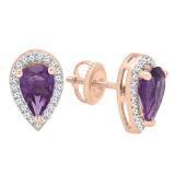 10K Rose Gold 8X5 MM Each Pear Amethyst & Round White Diamond Stud Earrings