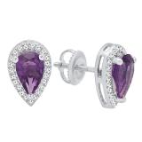 10K White Gold 8X5 MM Each Pear Amethyst & Round White Diamond Stud Earrings
