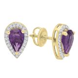 14K Yellow Gold 8X5 MM Each Pear Amethyst & Round White Diamond Stud Earrings