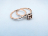 14K Rose Gold 6 MM Round Morganite & White Diamond Ladies Halo Engagement Ring With Double Band Set