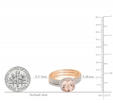 14K Rose Gold 6 MM Round Morganite & White Diamond Ladies Halo Engagement Ring With Double Band Set