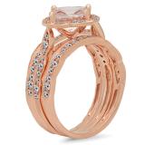 14K Rose Gold 7.5 MM Cushion Morganite & Round Diamond Ladies Engagement Ring With Double Band Set