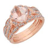 18K Rose Gold 7.5 MM Cushion Morganite & Round Diamond Ladies Engagement Ring With Double Band Set
