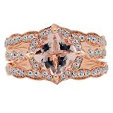 18K Rose Gold 7.5 MM Cushion Morganite & Round Diamond Ladies Engagement Ring With Double Band Set
