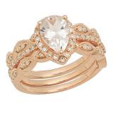 18K Rose Gold 9X6 MM Pear Morganite & Round Diamond Ladies Halo Engagement Ring With Double Band Set