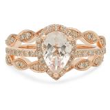 18K Rose Gold 9X6 MM Pear Morganite & Round Diamond Ladies Halo Engagement Ring With Double Band Set