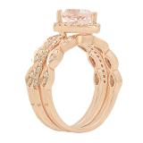18K Rose Gold 9X6 MM Pear Morganite & Round Diamond Ladies Halo Engagement Ring With Double Band Set