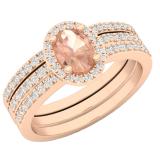 14K Rose Gold 7X5 MM Oval Morganite & Round Diamond Ladies Engagement Ring With Double Band Set