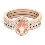 18K Rose Gold 7X5 MM Oval Morganite & Round Diamond Ladies Engagement Ring With Double Band Set