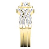 2.05 Carat (ctw) 14K Yellow Gold Round Cubic Zirconia Engagement Ring With Double Band Set 2 CT