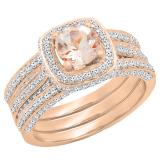 14K Rose Gold 6 MM Round Morganite & White Diamond Ladies Engagement Ring With Double Band Set