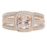 18K Rose Gold 6 MM Round Morganite & White Diamond Ladies Engagement Ring With Double Band Set