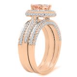 18K Rose Gold 6 MM Round Morganite & White Diamond Ladies Engagement Ring With Double Band Set