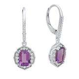 10K White Gold 7X5 MM Each Emerald Amethyst & Round White Diamond Ladies Dangling Drop Earrings