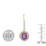 10K Yellow Gold 7X5 MM Each Emerald Amethyst & Round White Diamond Ladies Dangling Drop Earrings