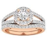 1.10 Carat (ctw) 18K Rose Gold Round Diamond Split Shank Halo Bridal Engagement Ring Set 1 CT