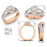 1.10 Carat (ctw) 18K Rose Gold Round Diamond Split Shank Halo Bridal Engagement Ring Set 1 CT