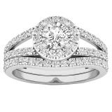 1.10 Carat (ctw) 18K White Gold Round Diamond Split Shank Halo Bridal Engagement Ring Set 1 CT