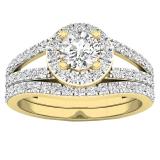 1.10 Carat (ctw) 18K Yellow Gold Round Diamond Split Shank Halo Bridal Engagement Ring Set 1 CT