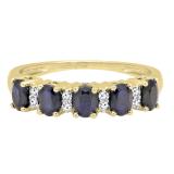 14K Yellow Gold Oval Blue Sapphire & White Diamond 5 Stone Bridal Engagement Ring