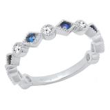 10K White Gold Round Blue Sapphire & White Diamond Ladies Vintage Style Stackable Wedding Band Ring