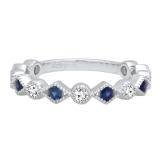 10K White Gold Round Blue Sapphire & White Diamond Ladies Vintage Style Stackable Wedding Band Ring