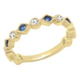 10K Yellow Gold Round Blue Sapphire & White Diamond Ladies Vintage Style Stackable Wedding Band Ring