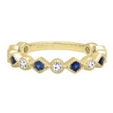 10K Yellow Gold Round Blue Sapphire & White Diamond Ladies Vintage Style Stackable Wedding Band Ring