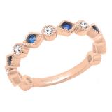 18K Rose Gold Round Blue Sapphire & White Diamond Ladies Vintage Style Stackable Wedding Band Ring