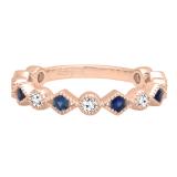 18K Rose Gold Round Blue Sapphire & White Diamond Ladies Vintage Style Stackable Wedding Band Ring