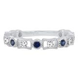 10K White Gold Round Blue Sapphire & White Diamond Ladies Vintage Style Stackable Wedding Band Ring
