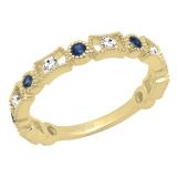 10K Yellow Gold Round Blue Sapphire & White Diamond Ladies Vintage Style Stackable Wedding Band Ring