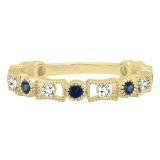 10K Yellow Gold Round Blue Sapphire & White Diamond Ladies Vintage Style Stackable Wedding Band Ring