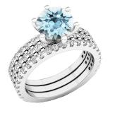 10K White Gold 7 MM Round Aquamarine & Diamond Bridal Engagement Ring With Double Band Set