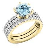 10K Yellow Gold 7 MM Round Aquamarine & Diamond Bridal Engagement Ring With Double Band Set
