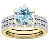 10K Yellow Gold 7 MM Round Aquamarine & Diamond Bridal Engagement Ring With Double Band Set
