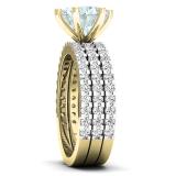 10K Yellow Gold 7 MM Round Aquamarine & Diamond Bridal Engagement Ring With Double Band Set