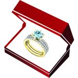10K Yellow Gold 7 MM Round Aquamarine & Diamond Bridal Engagement Ring With Double Band Set