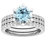14K White Gold 7 MM Round Aquamarine & Diamond Bridal Engagement Ring With Double Band Set