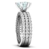 14K White Gold 7 MM Round Aquamarine & Diamond Bridal Engagement Ring With Double Band Set