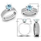 18K White Gold 7 MM Round Aquamarine & Diamond Bridal Engagement Ring With Double Band Set