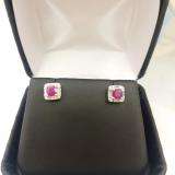Sterling Silver 4 MM Cushion Ruby And Baguette & Round White Diamond Ladies Stud Earrings