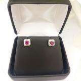 Sterling Silver 4 MM Cushion Ruby And Baguette & Round White Diamond Ladies Stud Earrings